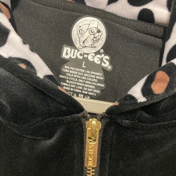 Buc-ees Black Velour Hooded Jacket Women's Large Full Zip Leopard Print Logo - Picture 4 of 7